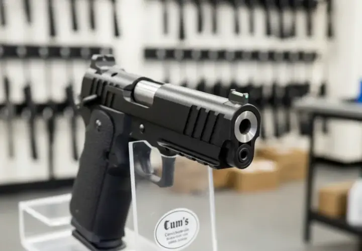 Czarny pistolet na wystawie. Zastanawiasz się, ile kosztuje pozwolenie na broń?