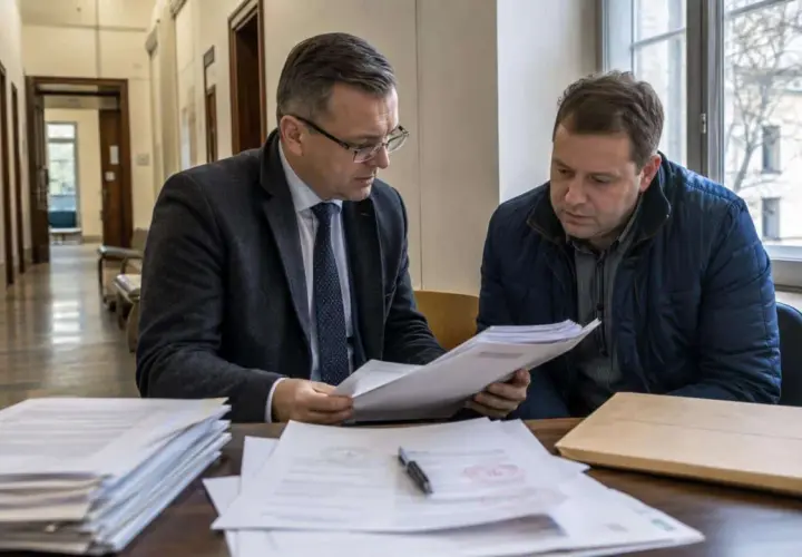 Dwóch mężczyzn analizuje dokumenty. Jeden w garniturze, drugi w kurtce, siedzą przy biurku. Sprawa dotyczy 271 kk.