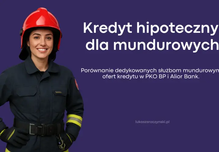 Uśmiechnięta strażaczka w hełmie. Kredyt hipoteczny dla mundurowych – porównanie ofert PKO BP i Alior Bank.
