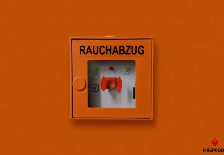 Pomarańczowa obudowa z napisem "RAUCHABZUG" i czerwoną dźwignią, kluczowy element ochrony przeciwpożarowej.