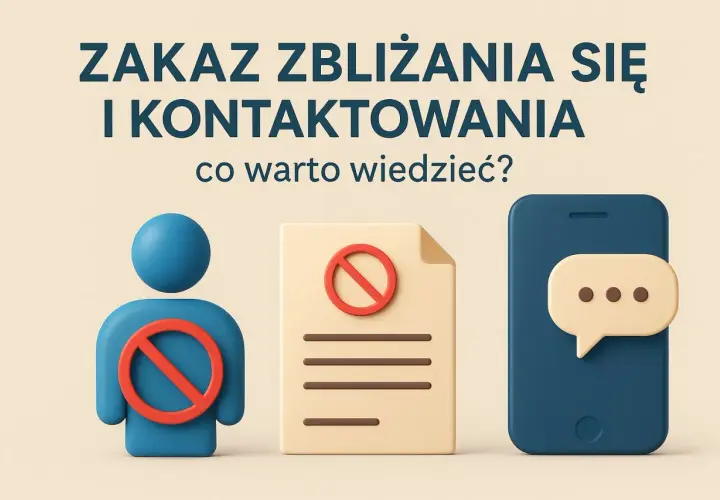 Zakaz zbliżania się i kontaktowania. Ikony: człowiek, dokument, telefon.