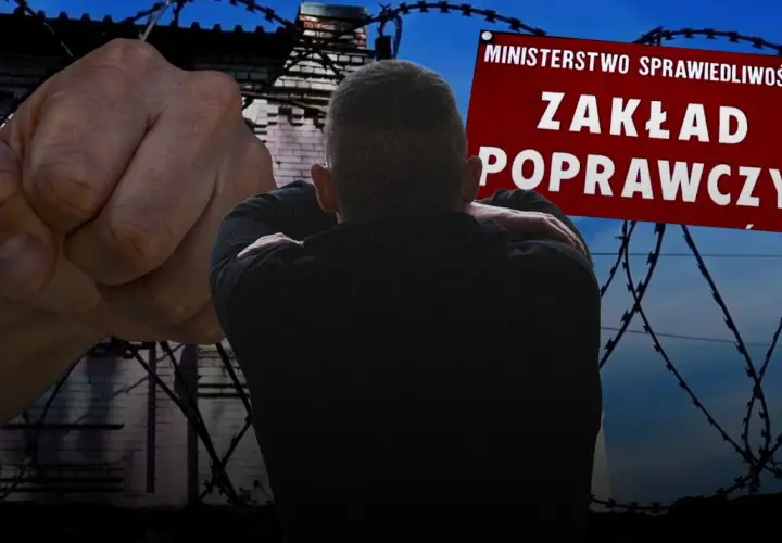 Zaciśnięta pięść i sylwetka młodego człowieka na tle drutu kolczastego i tablicy "Zakład Poprawczy".