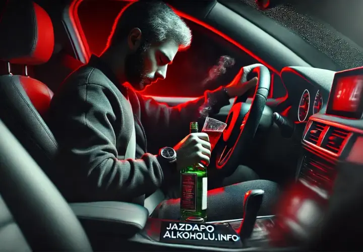 Mężczyzna za kierownicą z butelką i szklanką alkoholu. Grozi mu 178a kk.