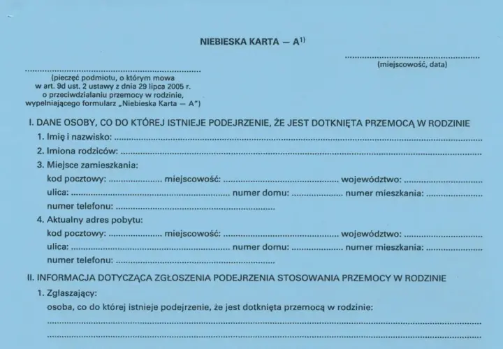 Niebieska karta - co to? Formularz do zgłaszania podejrzenia przemocy w rodzinie, zawiera dane osoby dotkniętej przemocą i zgłaszającego.