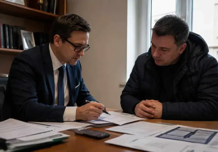 Mężczyzna w garniturze tłumaczy coś z dokumentów, podczas gdy drugi mężczyzna w kurtce słucha uważnie. Rozmowa dotyczy sprawy 286 kk.