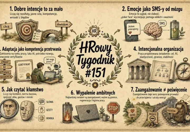 Ilustracja przedstawia kompozycję siedmiu punktów dotyczących HR. W centrum znajduje się logo "HRowy Tygodnik #151".