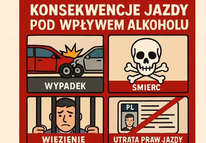 Konsekwencje jazdy pod wpływem alkoholu: wypadek, śmierć, więzienie, utrata prawa jazdy. Nie ryzykuj!