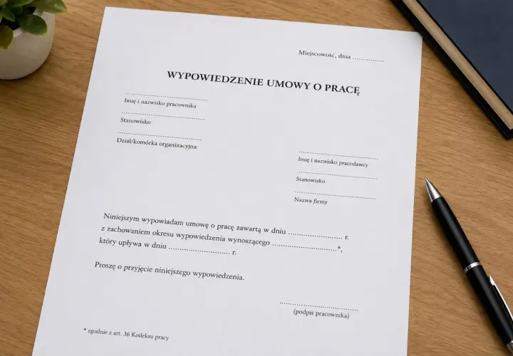 Dokument wypowiedzenia umowy o pracę, zgodnie z art. 30 par. 1 pkt 2 Kodeksu pracy, leży na drewnianym biurku obok długopisu.