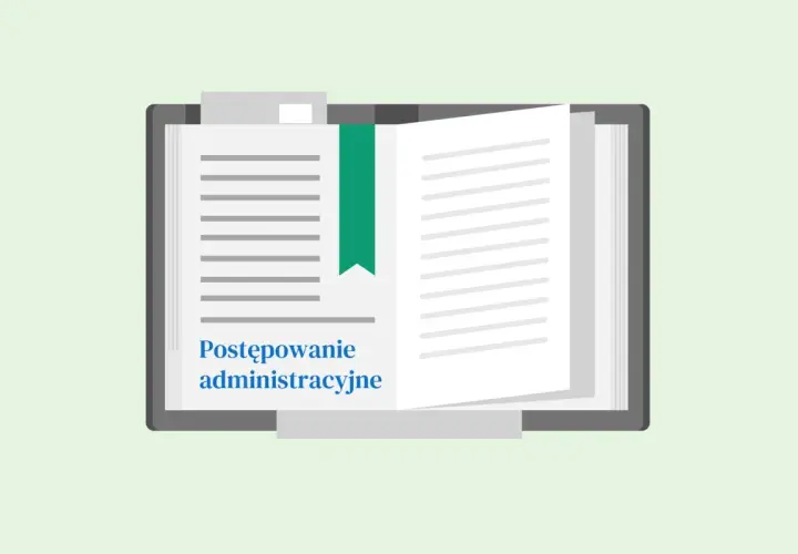 Otwarta księga z zieloną zakładką, na której widnieje napis "Postępowanie administracyjne".