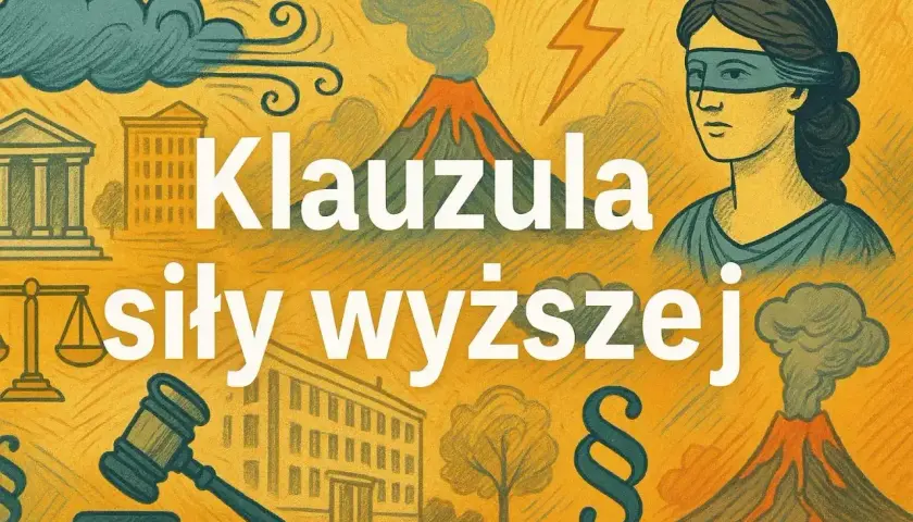 Kobieta z przepaską na oczach, symbole prawa i żywioły (wulkan, wiatr, piorun) ilustrują klauzulę **siły wyższej**.