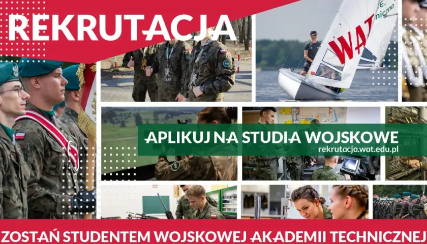 Rekrutacja na studia wojskowe. Młodzi ludzie w mundurach, żeglarz, żołnierze przy sprzęcie. Zostań studentem WAT.