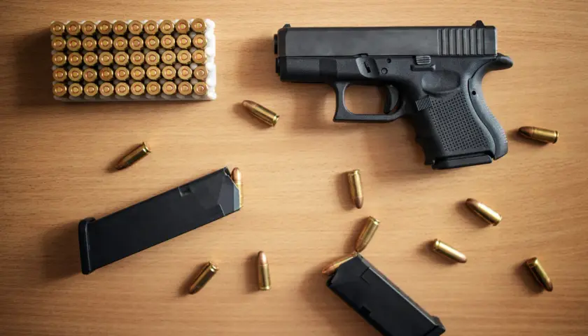 Pistolet, magazynki i amunicja na drewnianym stole. Zastanawiasz się, jak odzyskać cofnięte pozwolenie na broń?