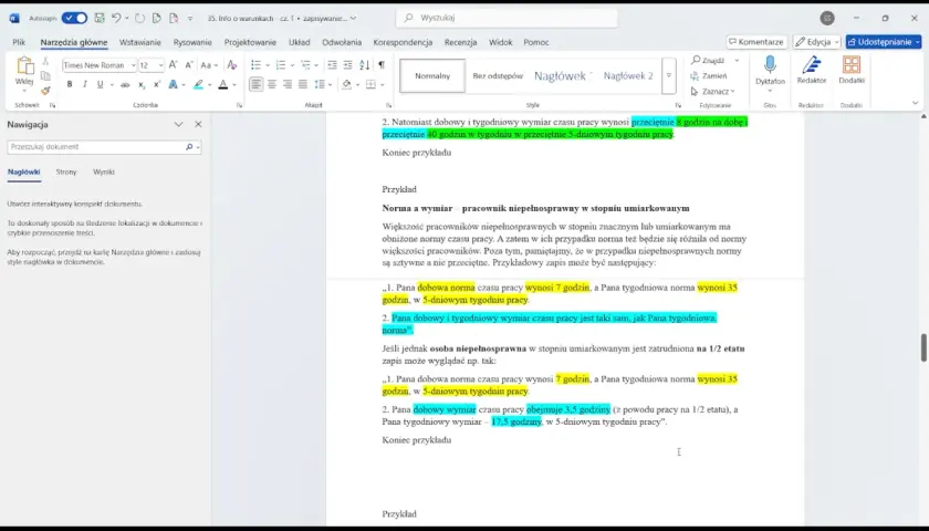 Dokument zawiera informację o warunkach zatrudnienia, w tym o normach czasu pracy dla pracowników niepełnosprawnych.