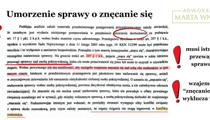 Umorzenie sprawy o znęcanie się wg art. 207 § 1 k.k. Wzajemne znęcanie się wyklucza winę.