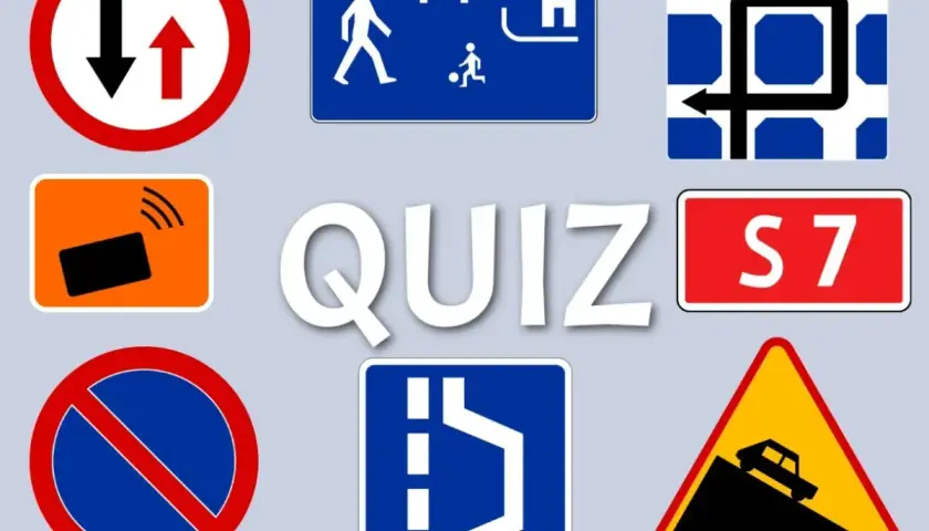 Quiz z różnymi rodzajami znaków drogowych: ustąp pierwszeństwa, strefa zamieszkania, zakaz zatrzymywania, przejazd, S7, teren zabudowany, zbliżanie się do wzniesienia.
