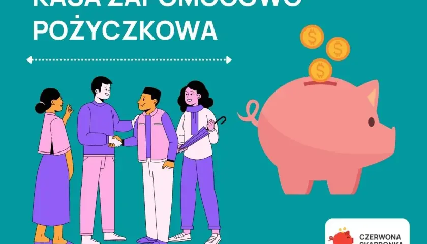 Ludzie zawierają umowę, a obok różowa świnka skarbonka przyjmuje monety. To wizualizacja kasy zapomogowo-pożyczkowej.