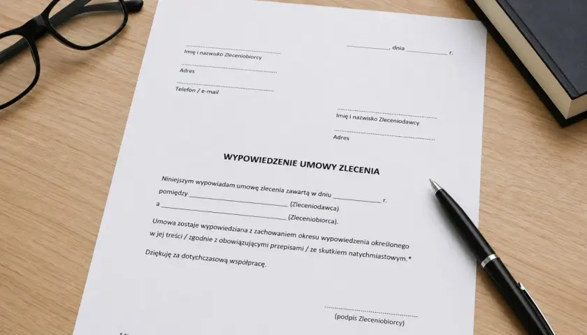 Dokument "Wypowiedzenie umowy zlecenia" leży na biurku obok okularów i długopisu.