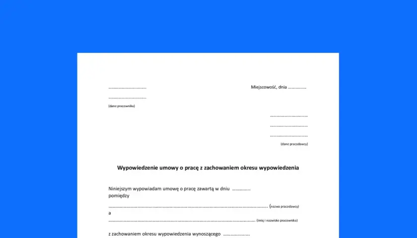 Formularz wypowiedzenia umowy o pracę na czas określony, z zachowaniem okresu wypowiedzenia.