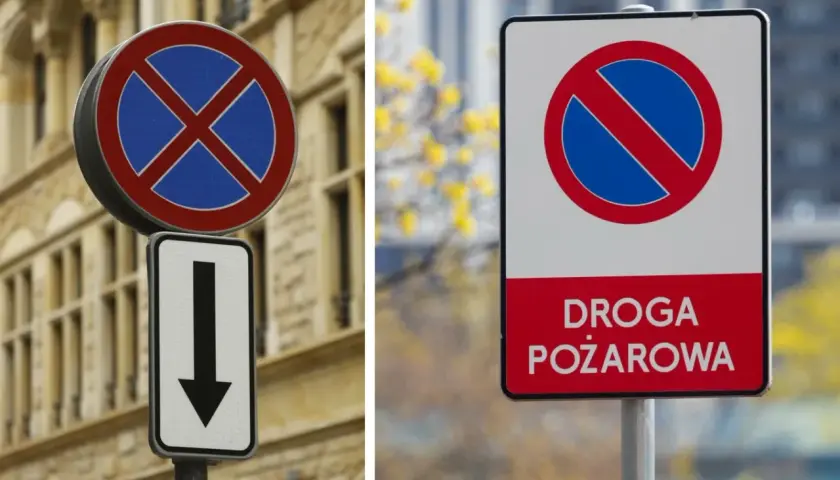 Dwa znaki: okrągły z niebieskim polem i czerwonym krzyżem (zakaz postoju) ze strzałką w dół oraz prostokątny z napisem "DROGA POŻAROWA" i symbolem zakazu zatrzymywania.