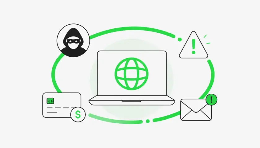 Ilustracja przedstawia schemat cyberprzestępczości: złodziej, laptop z globem, karta płatnicza, koperta i znaki ostrzegawcze.