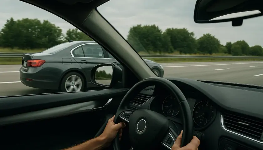 Widok z wnętrza samochodu na autostradzie. Szary sedan wykonuje wyprzedzanie z prawej strony, mijając nasz pojazd.