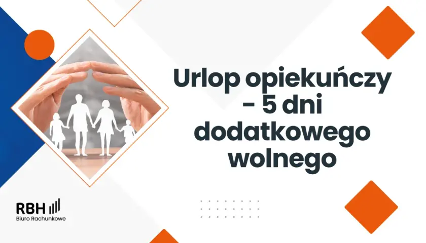 Ręce chroniące sylwetki rodziny. Tytuł: Urlop opiekuńczy – 5 dni dodatkowego wolnego. RBH Biuro Rachunkowe.