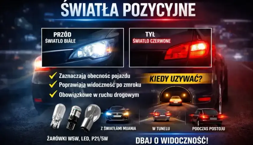 Światła postojowe: białe z przodu, czerwone z tyłu. Poprawiają widoczność po zmroku i są obowiązkowe. Dbanie o widoczność to bezpieczeństwo na drodze.