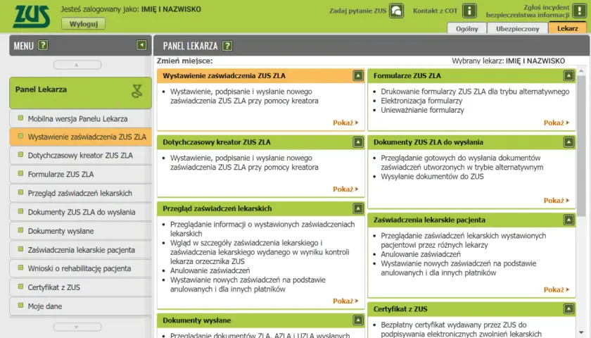 Panel lekarza ZUS: wystawianie zaświadczeń ZUS ZLA, formularze, przegląd zwolnień lekarskich, dokumenty do wysłania. Możliwość wystawienia zwolnienia lekarskiego wstecz.