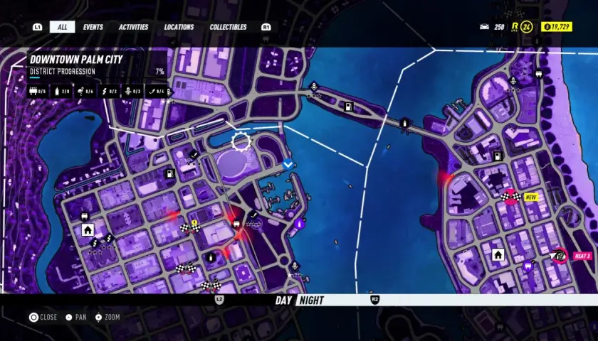 Mapa Downtown Palm City z gry NFS Heat. Szukasz sposobu, jak uciec policji? Zwróć uwagę na oznaczenia na mapie, które pomogą Ci w tej misji.