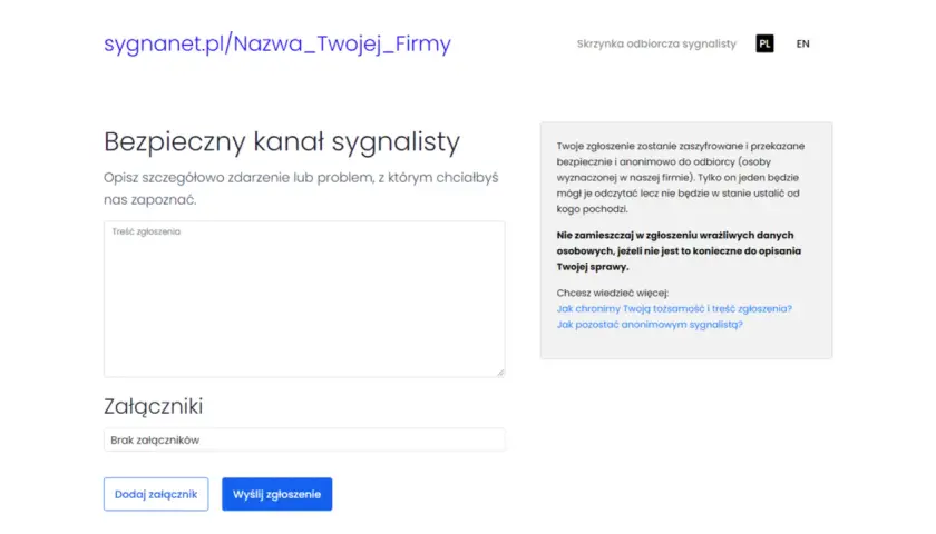 Bezpieczny kanał sygnalisty: formularz do zgłaszania problemów. Sygnalista w pracy może anonimowo opisać zdarzenie.