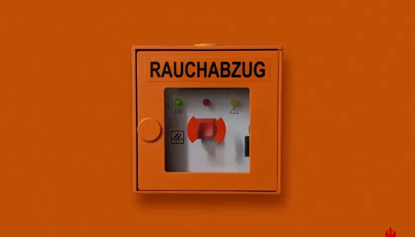 Pomarańczowa obudowa z napisem "RAUCHABZUG" i czerwoną dźwignią, kluczowy element ochrony przeciwpożarowej.