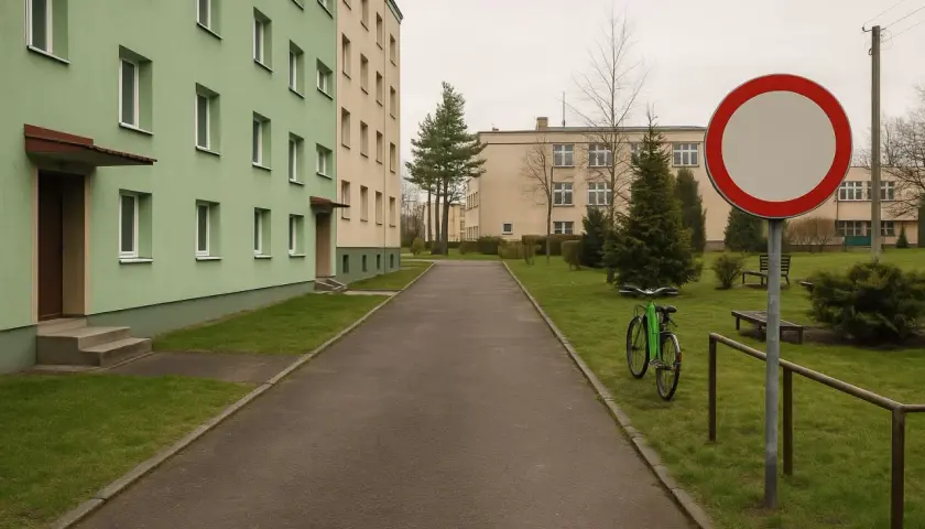 Droga z zielonym rowerem i znakiem B1. Dwa bloki mieszkalne, trawnik i drzewa.