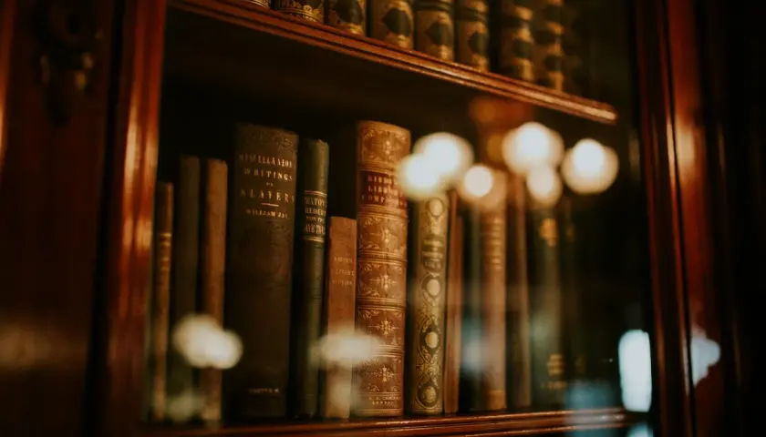 Stare księgi na półce, w tym "Miscellaneous Writings on Slavery" Williama Jaya. Co to znaczy kk? Może to skrót od "książek kolekcjonerskich"?