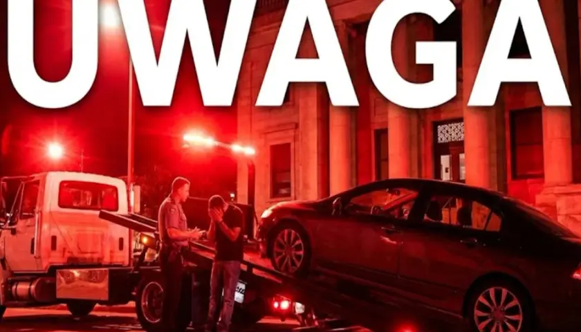 Policjant rozmawia ze zrozpaczonym kierowcą, gdy jego samochód jest ładowany na lawetę. Konfiskata samochodu w nocy, oświetlona czerwonymi światłami.