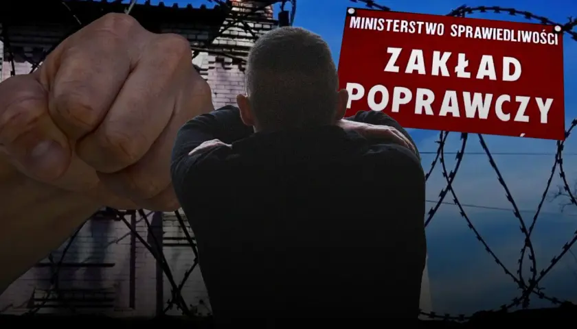 Zaciśnięta pięść i sylwetka młodego człowieka na tle drutu kolczastego i tablicy "Zakład Poprawczy".