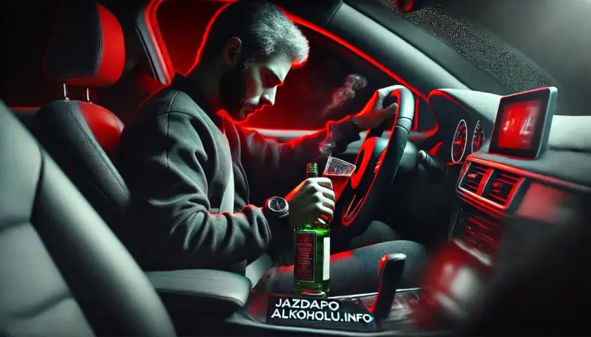 Mężczyzna za kierownicą z butelką i szklanką alkoholu. Grozi mu 178a kk.