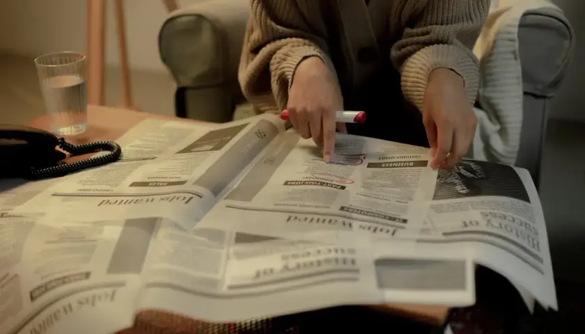 Osoba przegląda ogłoszenia o pracę, szukając informacji o jawności wynagrodzeń.