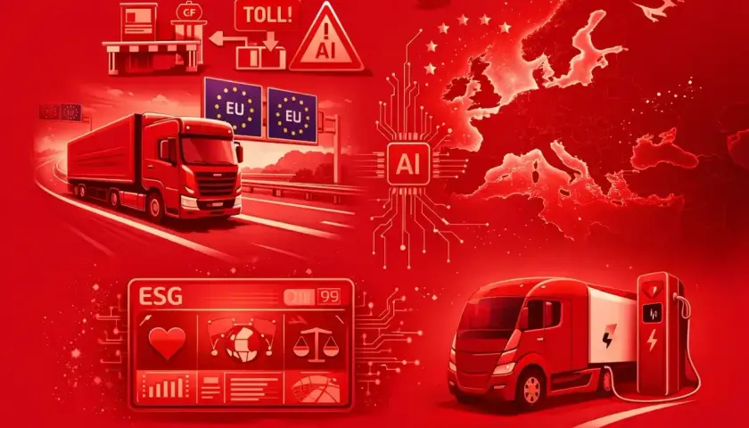 Ciężarówka na drodze, znak zakazu wyprzedzania dla ciężarówek, mapa Europy z AI, ładowanie elektrycznego pojazdu.