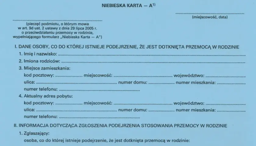 Niebieska karta - co to? Formularz do zgłaszania podejrzenia przemocy w rodzinie, zawiera dane osoby dotkniętej przemocą i zgłaszającego.