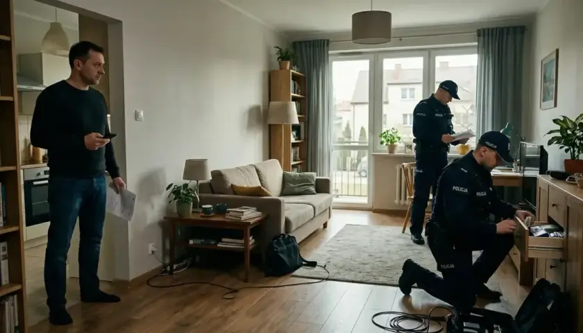 Kiedy policja przychodzi do domu, funkcjonariusze przeszukują szuflady, a mężczyzna z dokumentami czeka.