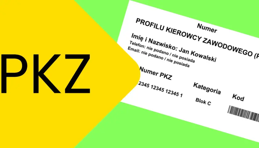 Fragment dokumentu z napisem "PKZ" i danymi kierowcy zawodowego, potwierdzający świadectwo kwalifikacji zawodowej.