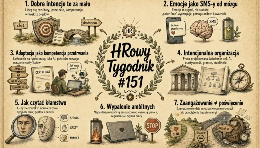 Ilustracja przedstawia kompozycję siedmiu punktów dotyczących HR. W centrum znajduje się logo "HRowy Tygodnik #151".