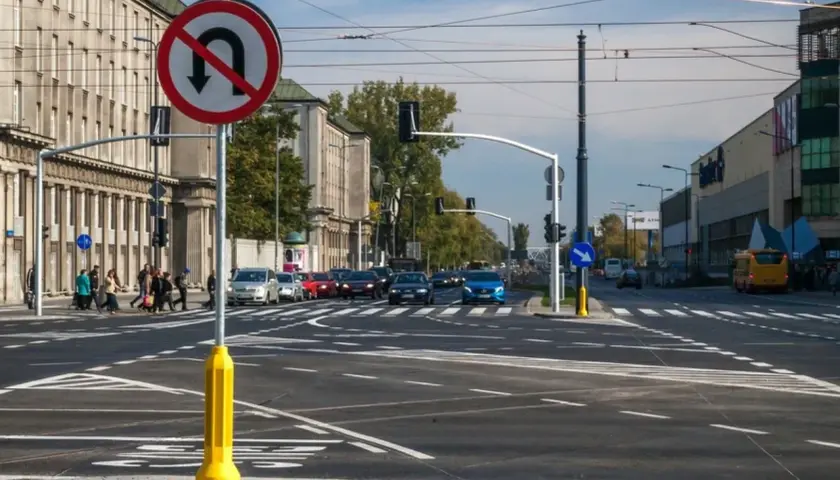 Znak zakazu skrętu w lewo na skrzyżowaniu z ruchem ulicznym i pieszymi.