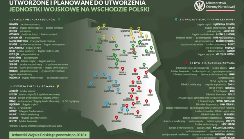 Mapa jednostek wojskowych w Polsce po 2018 r. przedstawia rozmieszczenie wojsk, w tym 1. Dywizji Piechoty Legionów, 16. i 18. Dywizji Zmechanizowanej.