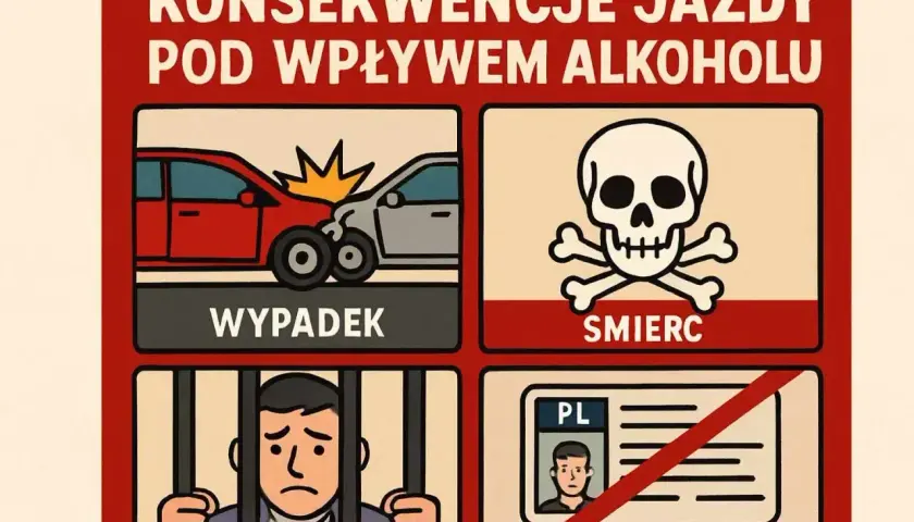 Konsekwencje jazdy pod wpływem alkoholu: wypadek, śmierć, więzienie, utrata prawa jazdy. Nie ryzykuj!
