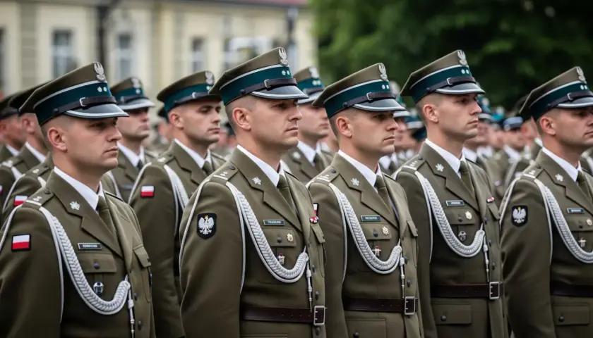 Szeregi żołnierzy w mundurach, jeden z nich to chorąży, stoją na baczność.