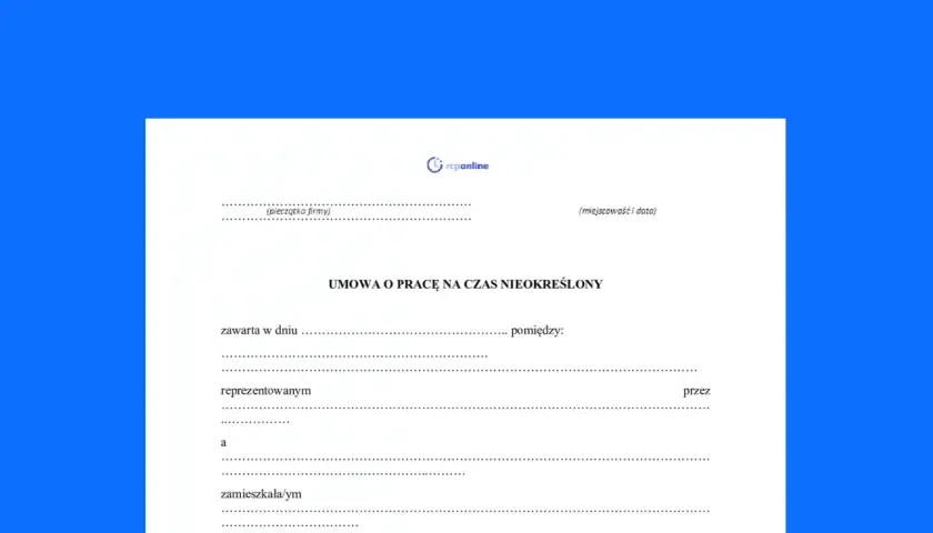 Formularz umowy o pracę na czas nieokreślony, gotowy do wypełnienia.