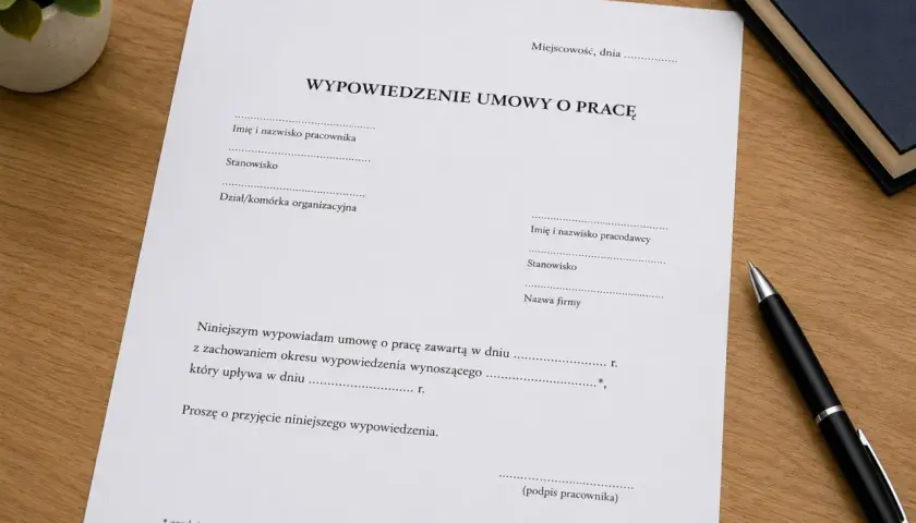 Dokument wypowiedzenia umowy o pracę, zgodnie z art. 30 par. 1 pkt 2 Kodeksu pracy, leży na drewnianym biurku obok długopisu.