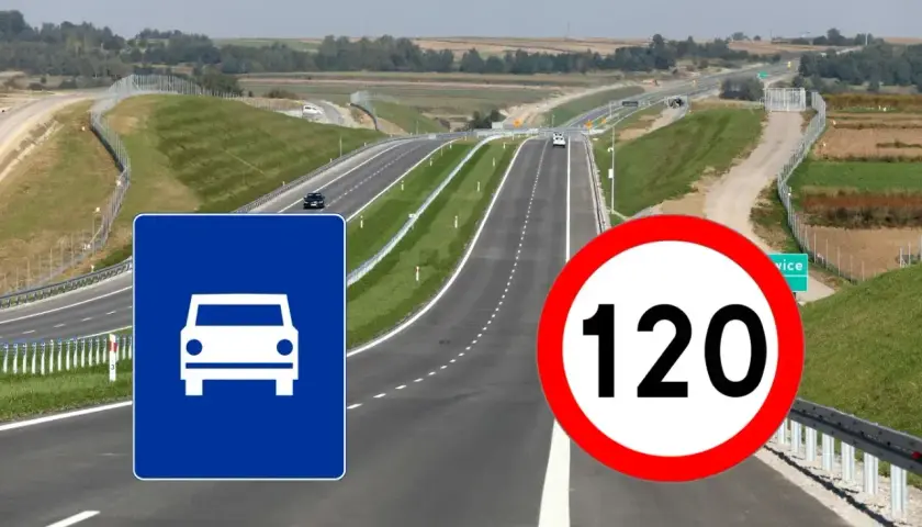 Szeroka jezdnia autostrady z zielonymi pasami i znakami: dopuszczalna prędkość 120 km/h oraz informacja o ruchu samochodowym.