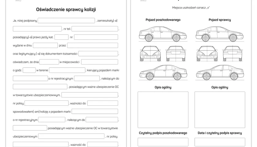 Formularz oświadczenia sprawcy kolizji drogowej, z miejscem na dane kierowców, opis uszkodzeń pojazdów i szkiców samochodów.